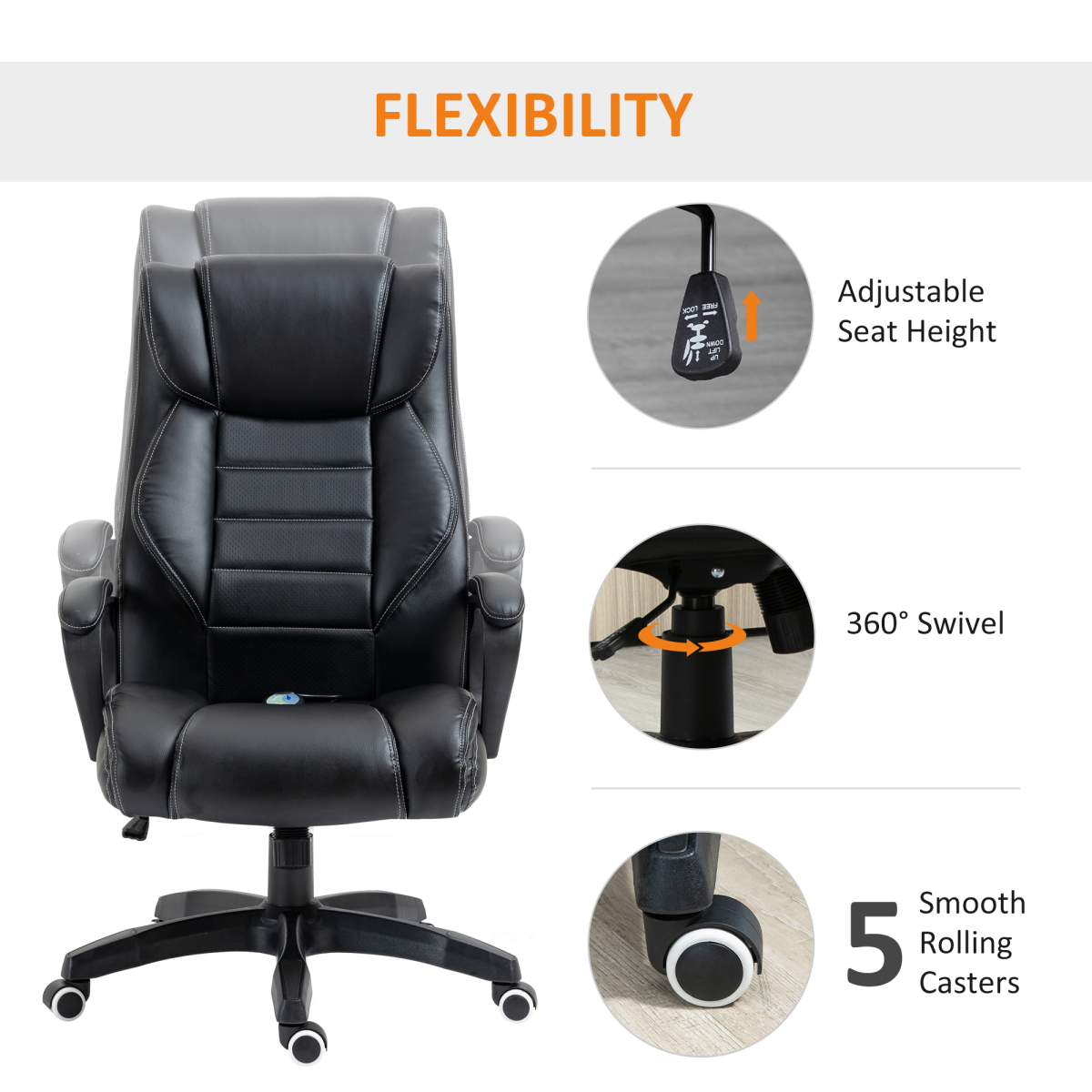 High Back 6 Points Vibration Massage Executive Office Chair, Black Vinsetto - Image 7