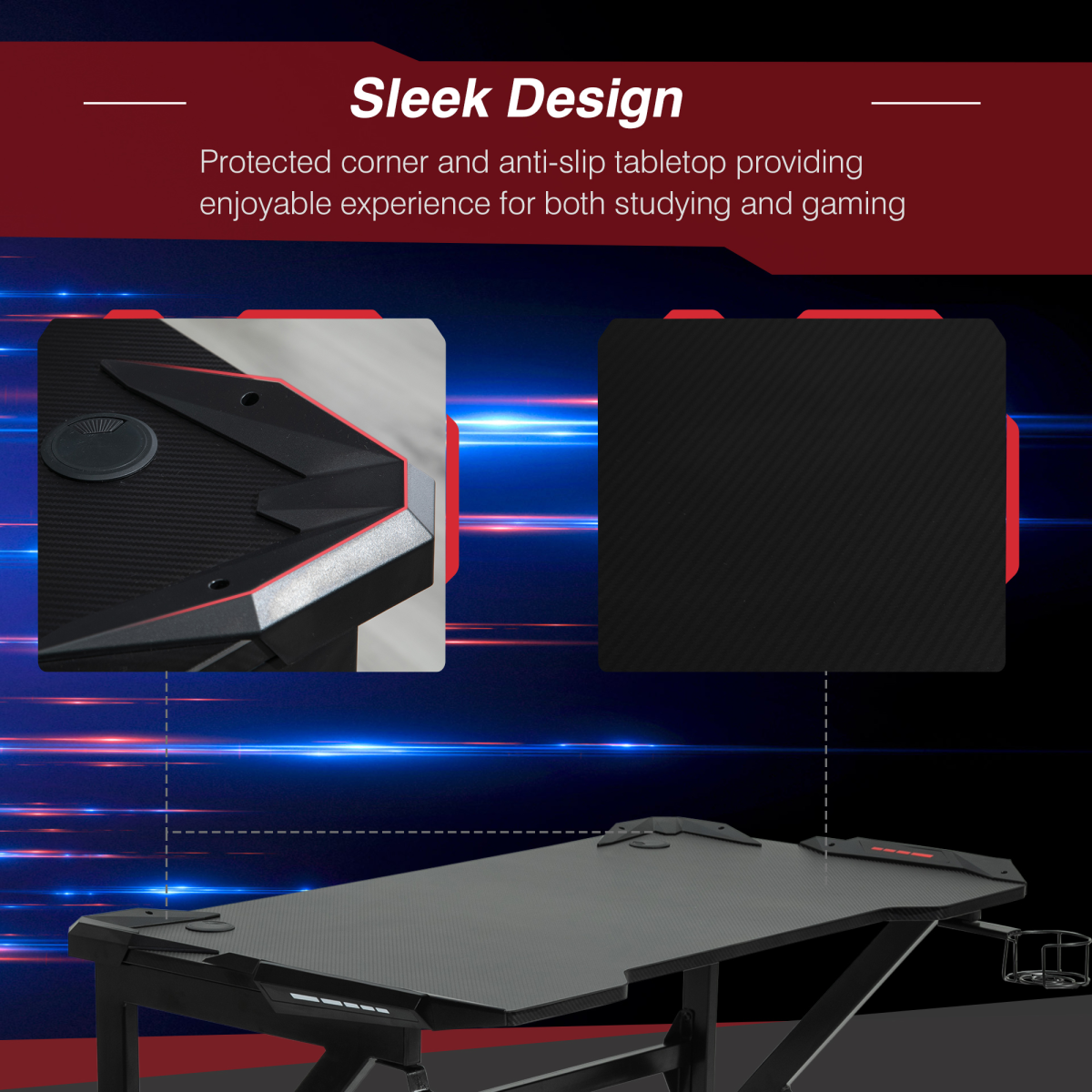 Spacious Gaming Desk Home Racing w/ Steel Frame Cup Headphone Holder Hook - Image 7