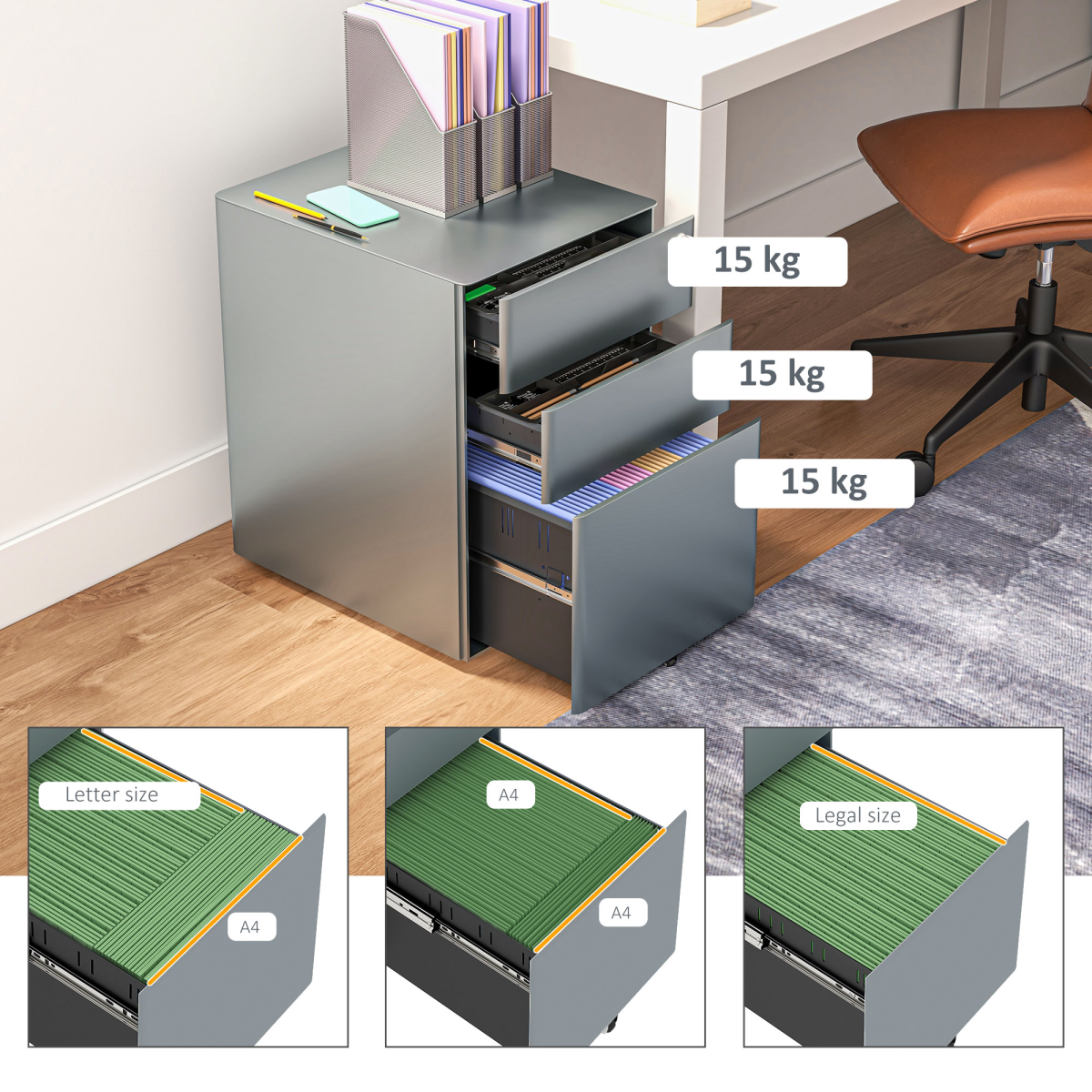 Vinsetto 3 Drawer Metal Filing Cabinet Lockable 5 Wheels Compact Under Desk Grey - Image 7