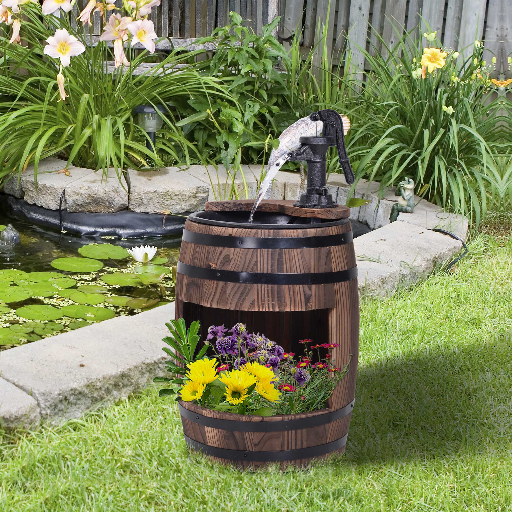 Outsunny Wood Barrel Pump Garden Fountain Water Feature Flower Planter Stand New - Image 4