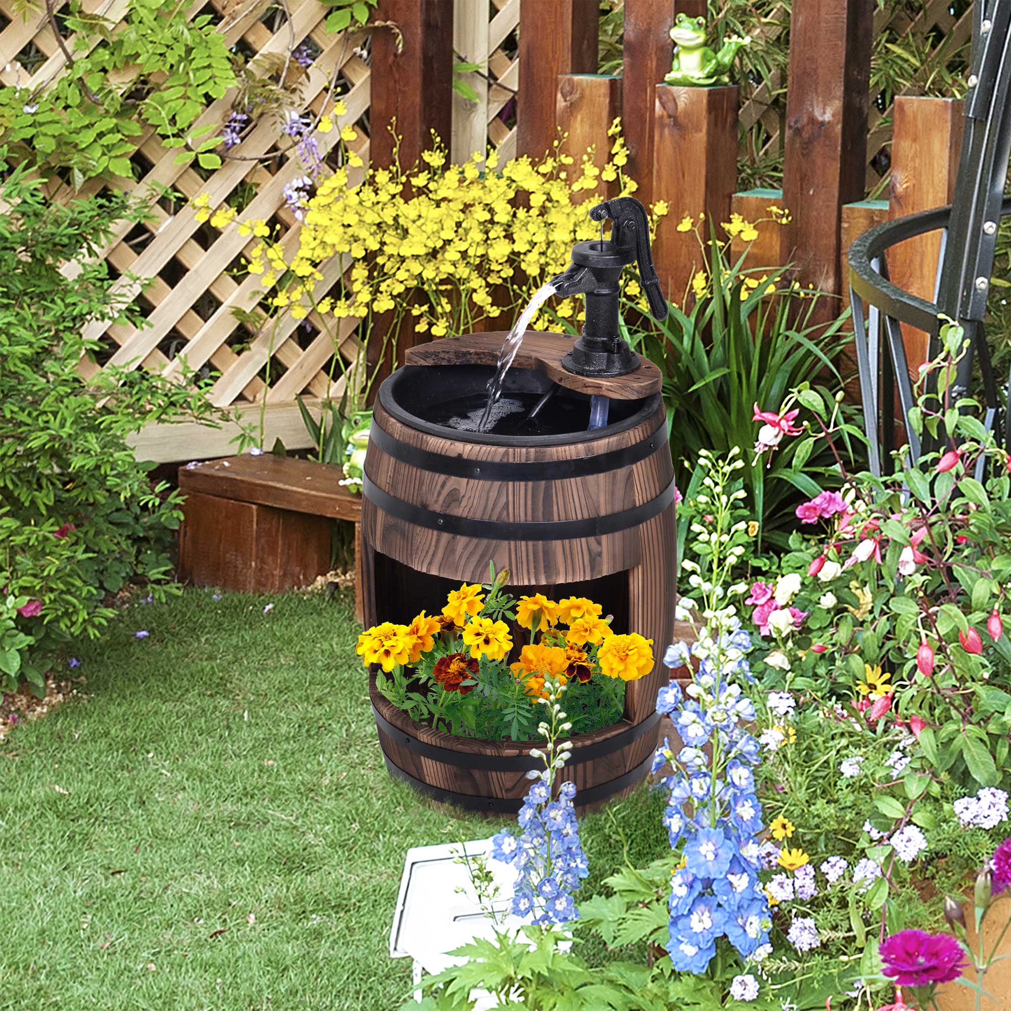 Outsunny Wood Barrel Pump Garden Fountain Water Feature Flower Planter Stand New - Image 3