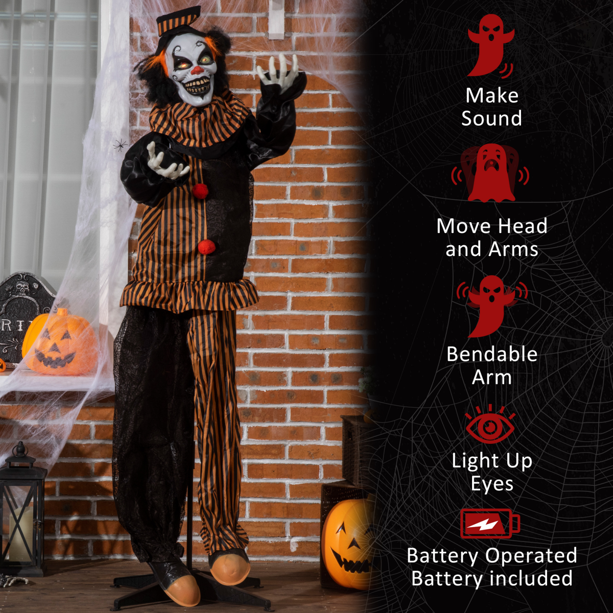 67 Inch Life Size Outdoor Halloween Talking Circus Clown Light Up Eyes Laughter - Image 8