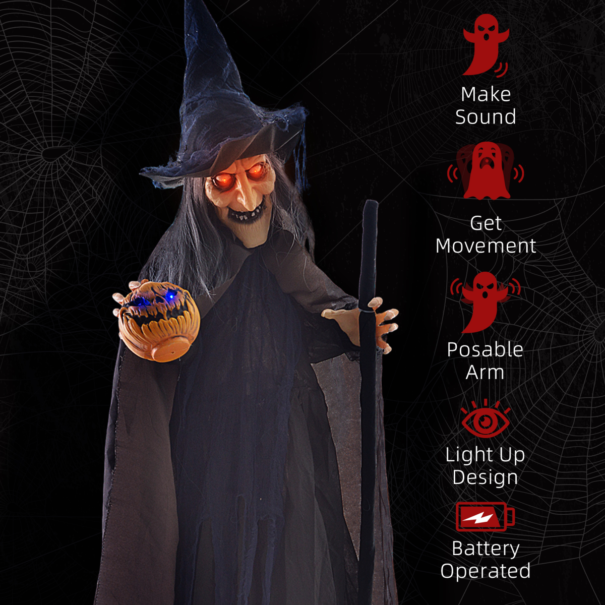 Halloween Witch with Broomstick Animatronic Prop with Light Up Eyes - Image 8