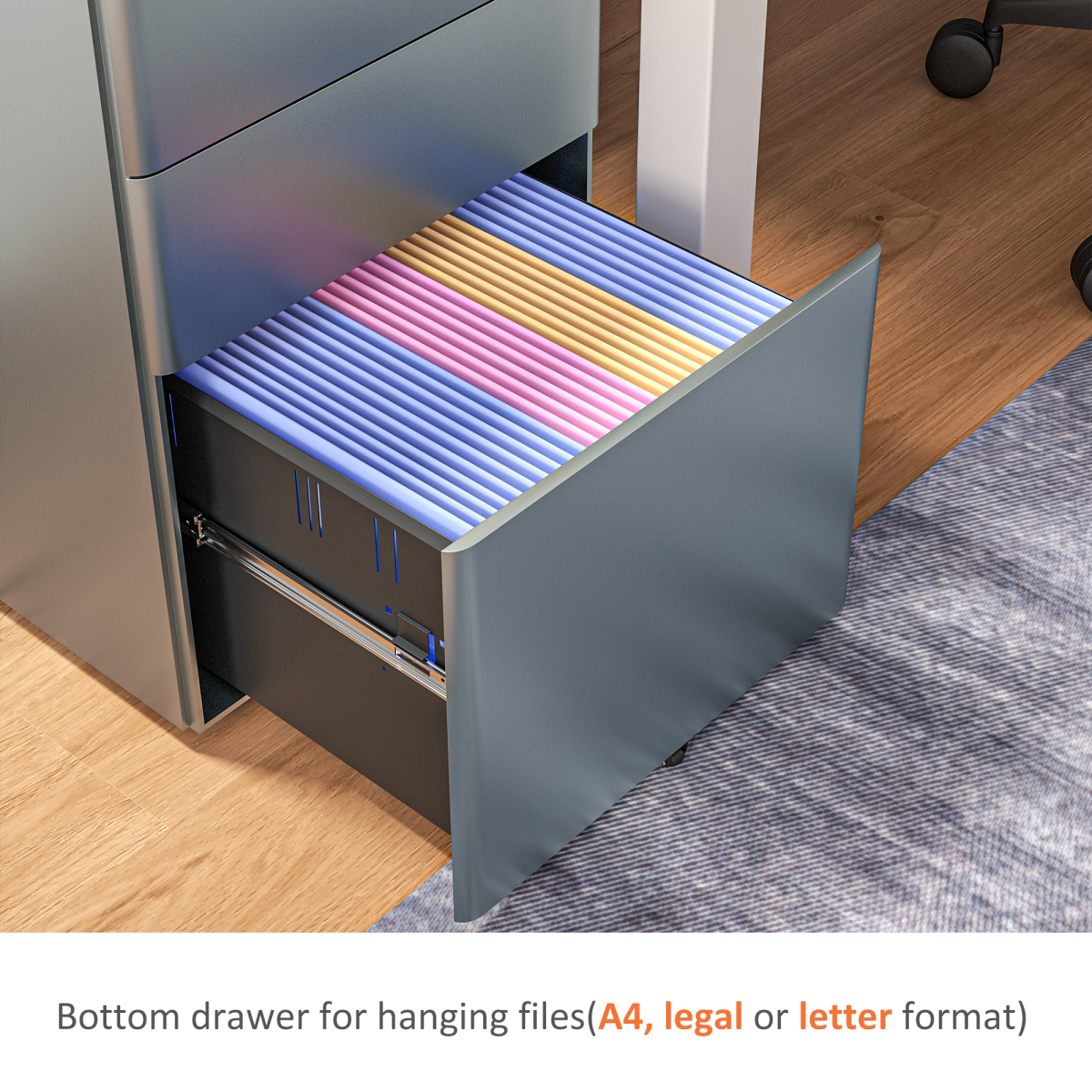 Vinsetto 3 Drawer Metal Filing Cabinet Lockable 5 Wheels Compact Under Desk Grey - Image 8