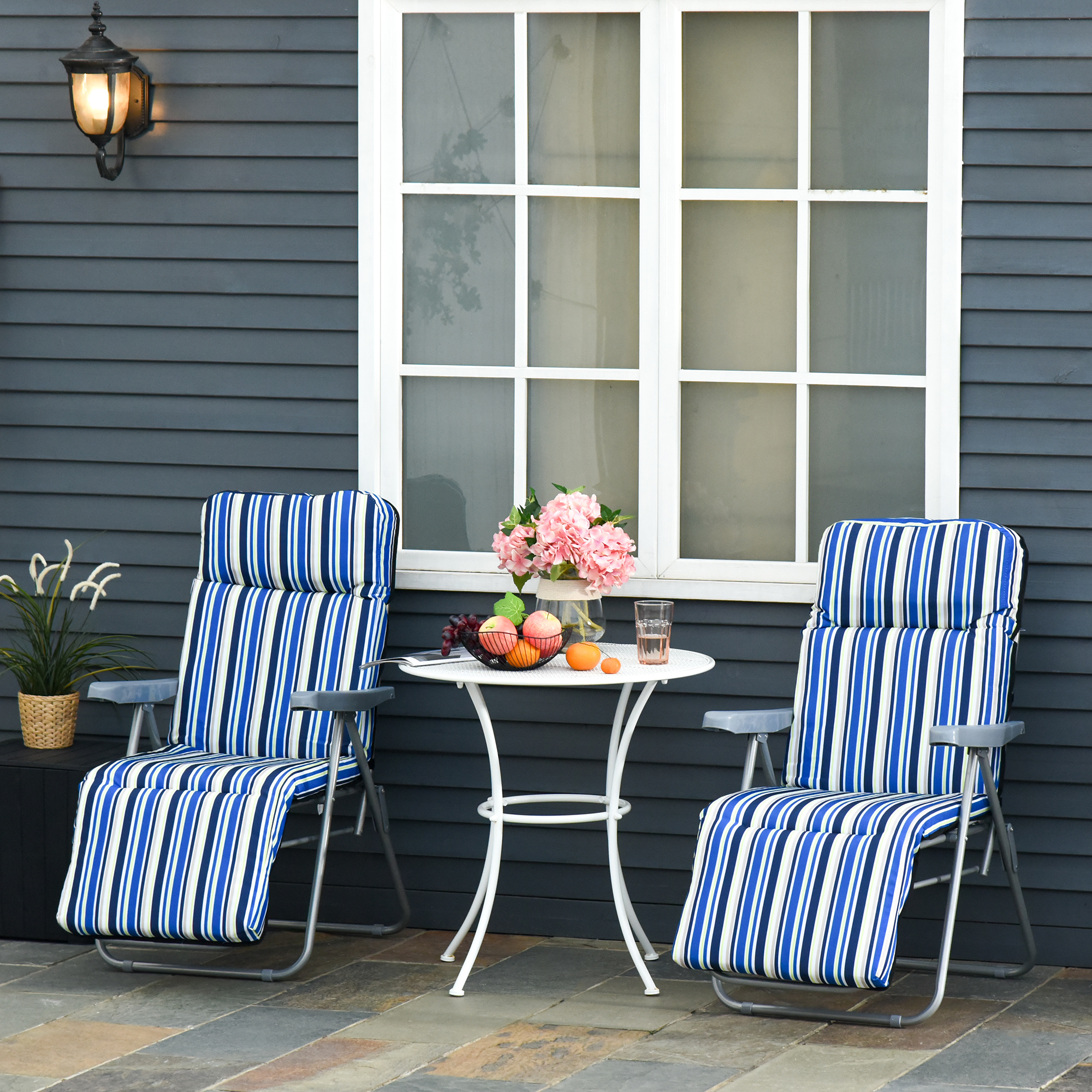 2 Outdoor Sun Recliners Loungers Folding Multi Position Relaxers Chair & Cushion - Image 4