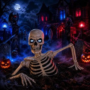Giant Ground Breaking Skeleton Halloween Prop 9ft Animated LCD Eyes & Sound