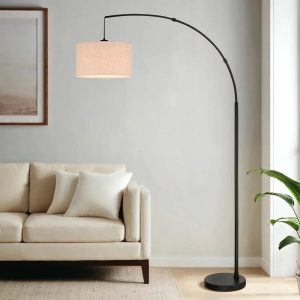 Bridgeport Designs Madrid Arc Floor Lamp Black Metal Base Tan Linen Drum Shade