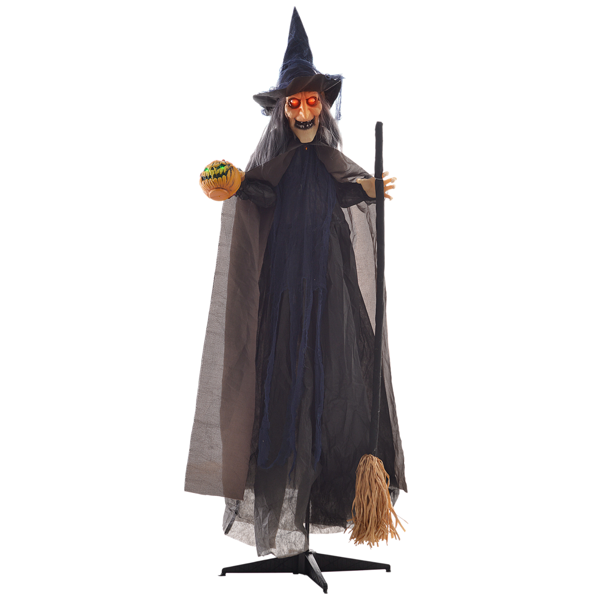 Halloween Witch with Broomstick Animatronic Prop with Light Up Eyes