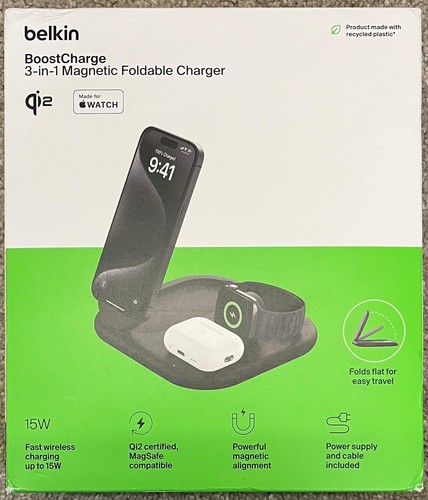 Belkin BoostCharge Pro 3-in-1 Magnetic Foldable Wireless Charger Qi2 Stand READ