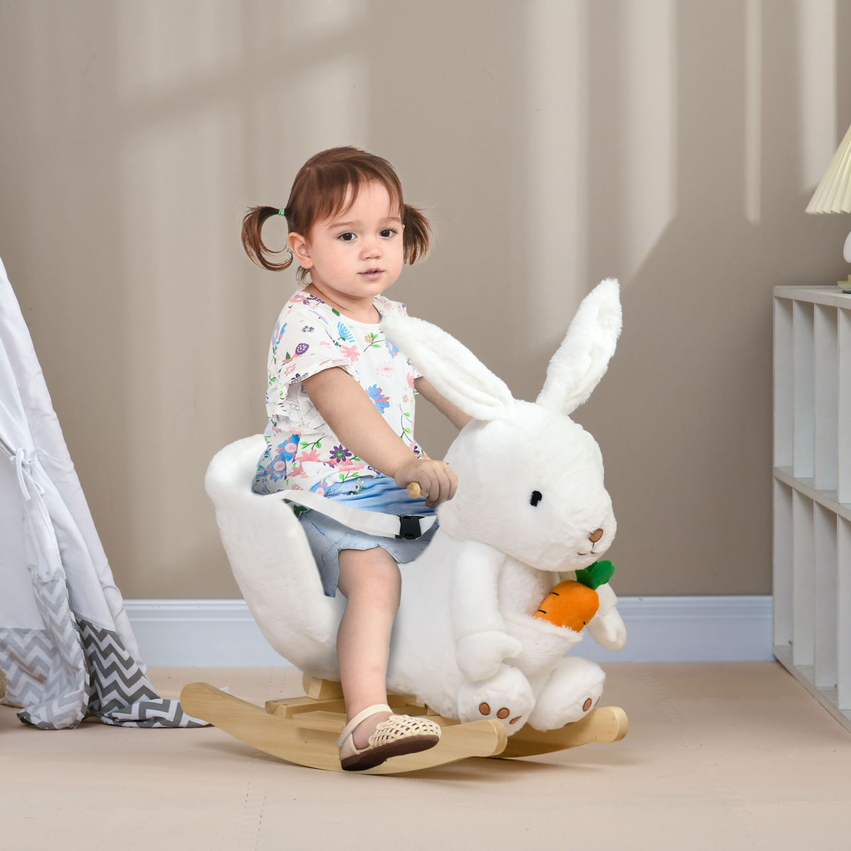 Kids Rabbit Rocking Horse w/ Sounds & Seatbelt, Plush, White, 40kg - Image 2