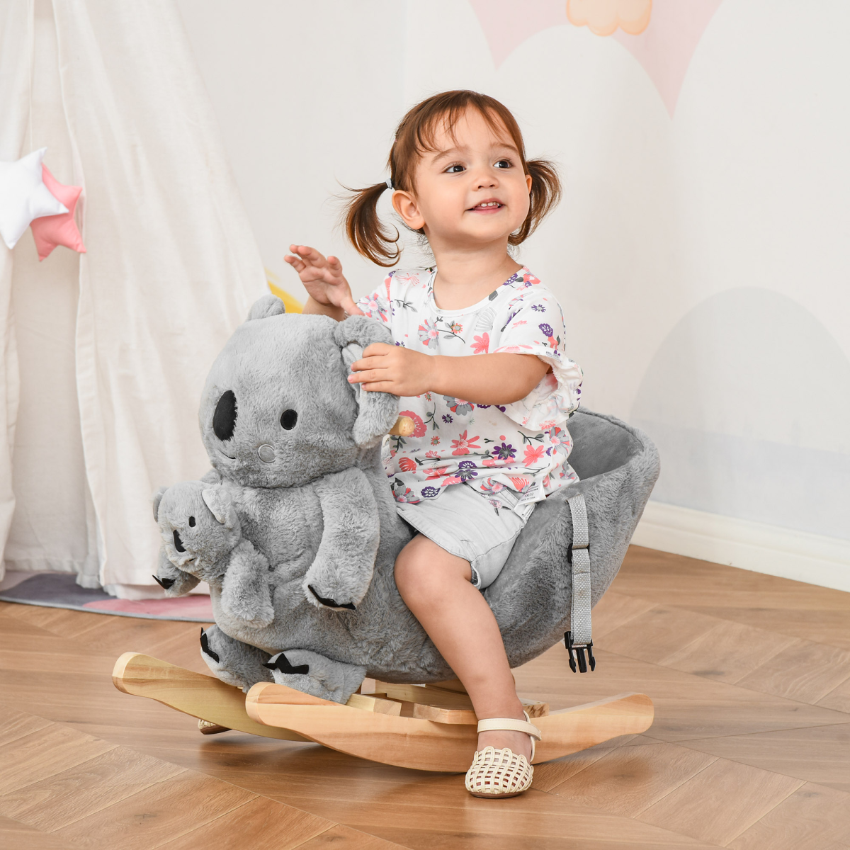 Kids Plush Ride-On Rocking Horse Koala-shaped Toy w/ Gloved Doll Grey - Image 2