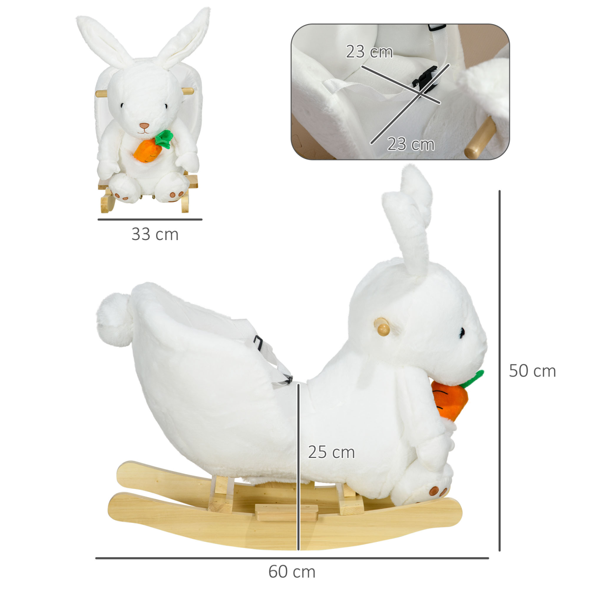 Kids Rabbit Rocking Horse w/ Sounds & Seatbelt, Plush, White, 40kg - Image 3