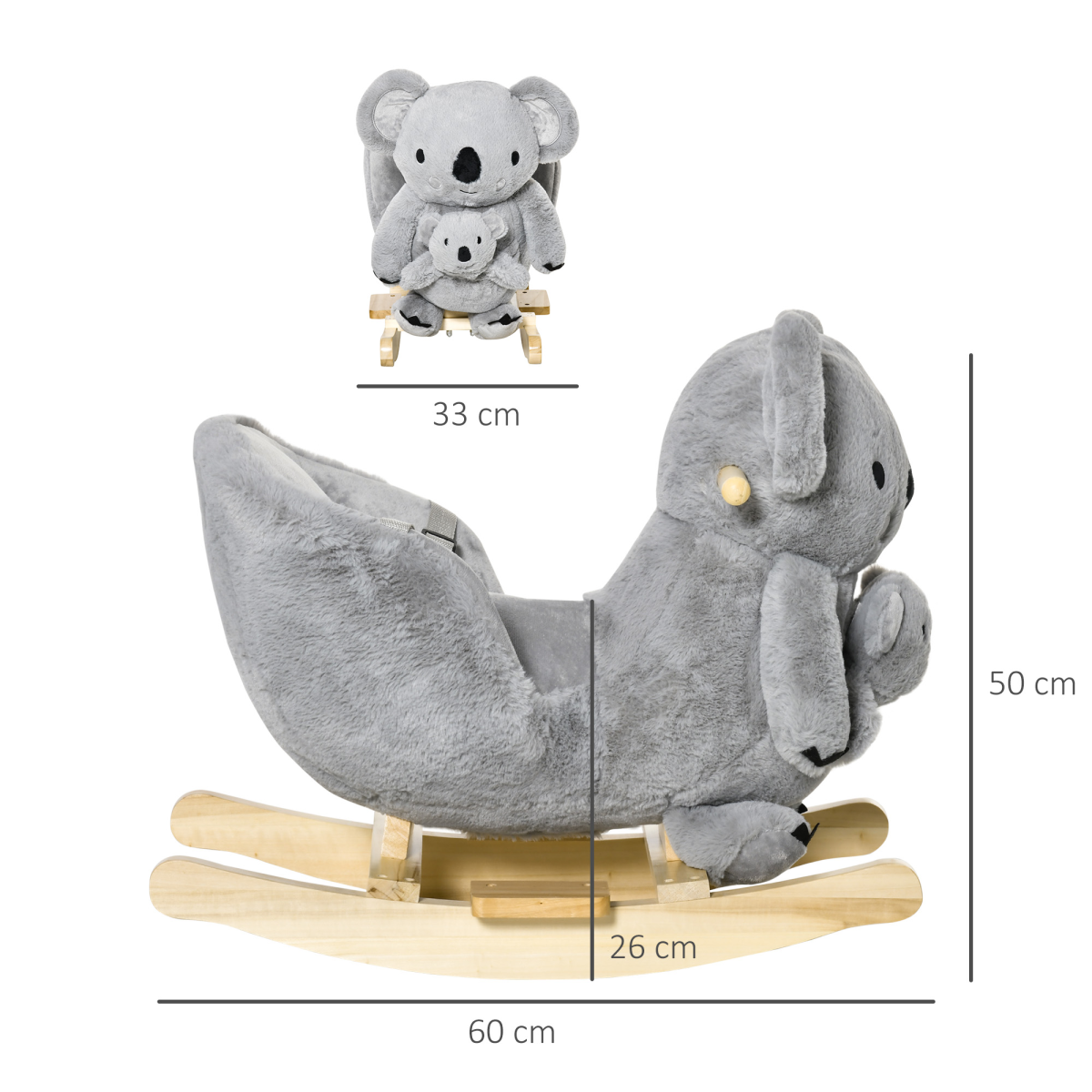 Kids Plush Ride-On Rocking Horse Koala-shaped Toy w/ Gloved Doll Grey - Image 3