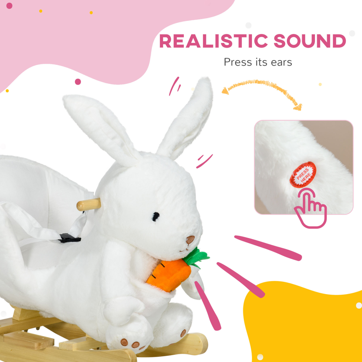 Kids Rabbit Rocking Horse w/ Sounds & Seatbelt, Plush, White, 40kg - Image 4