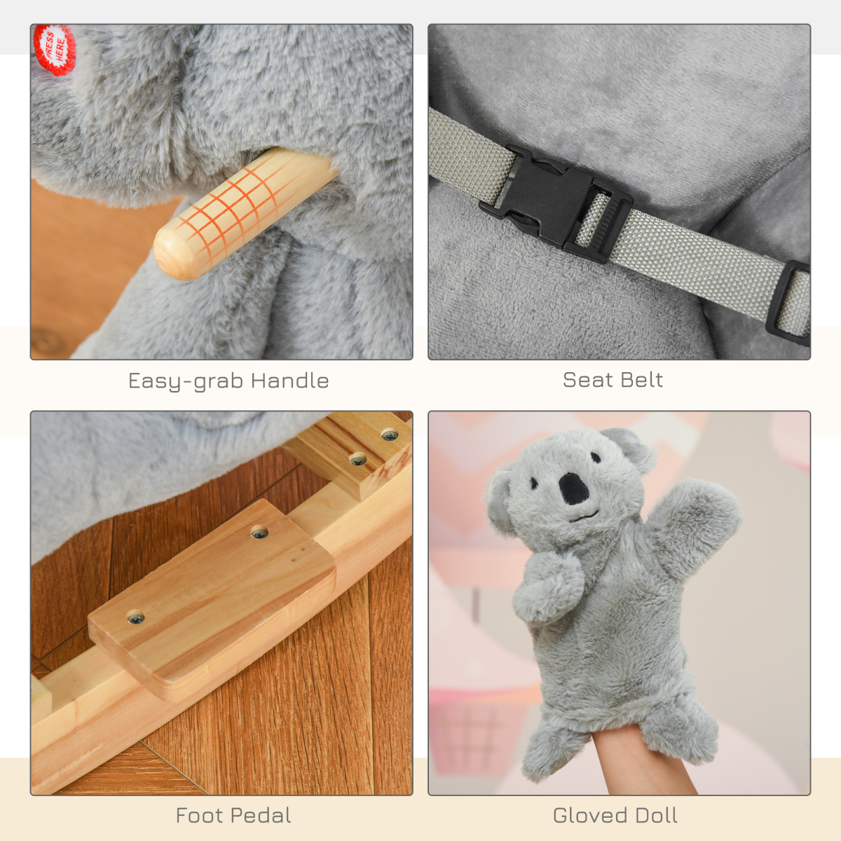 Kids Plush Ride-On Rocking Horse Koala-shaped Toy w/ Gloved Doll Grey - Image 4