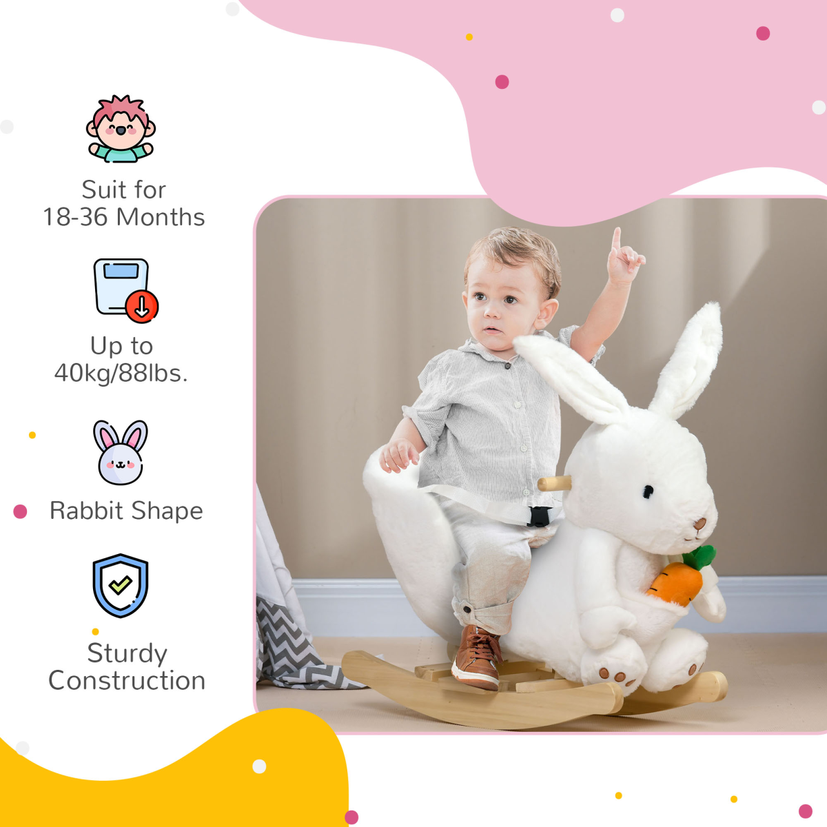 Kids Rabbit Rocking Horse w/ Sounds & Seatbelt, Plush, White, 40kg - Image 5