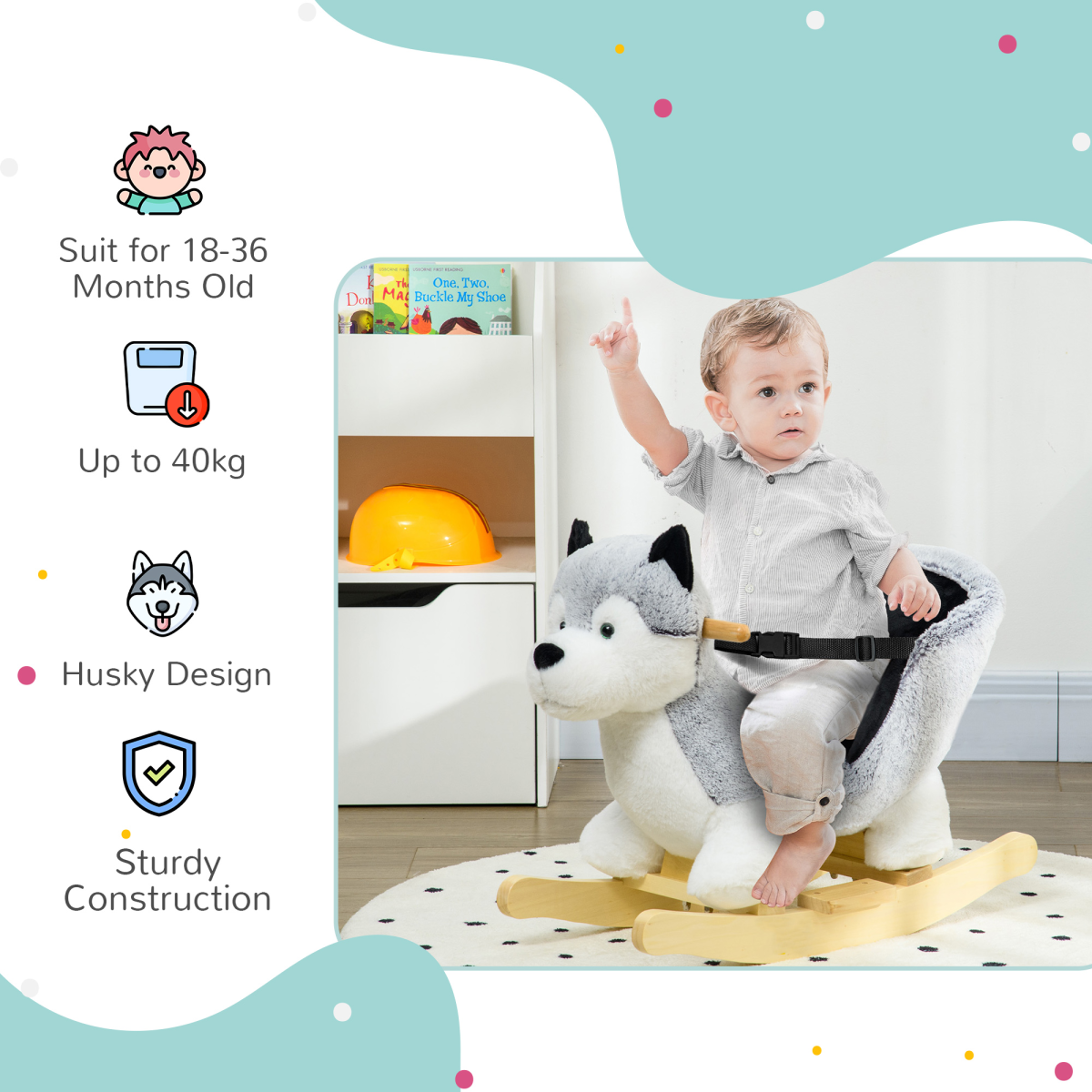 Husky-Shaped Baby Rocking Horse with Seatbelt, for Ages 18-36 Months - Image 5