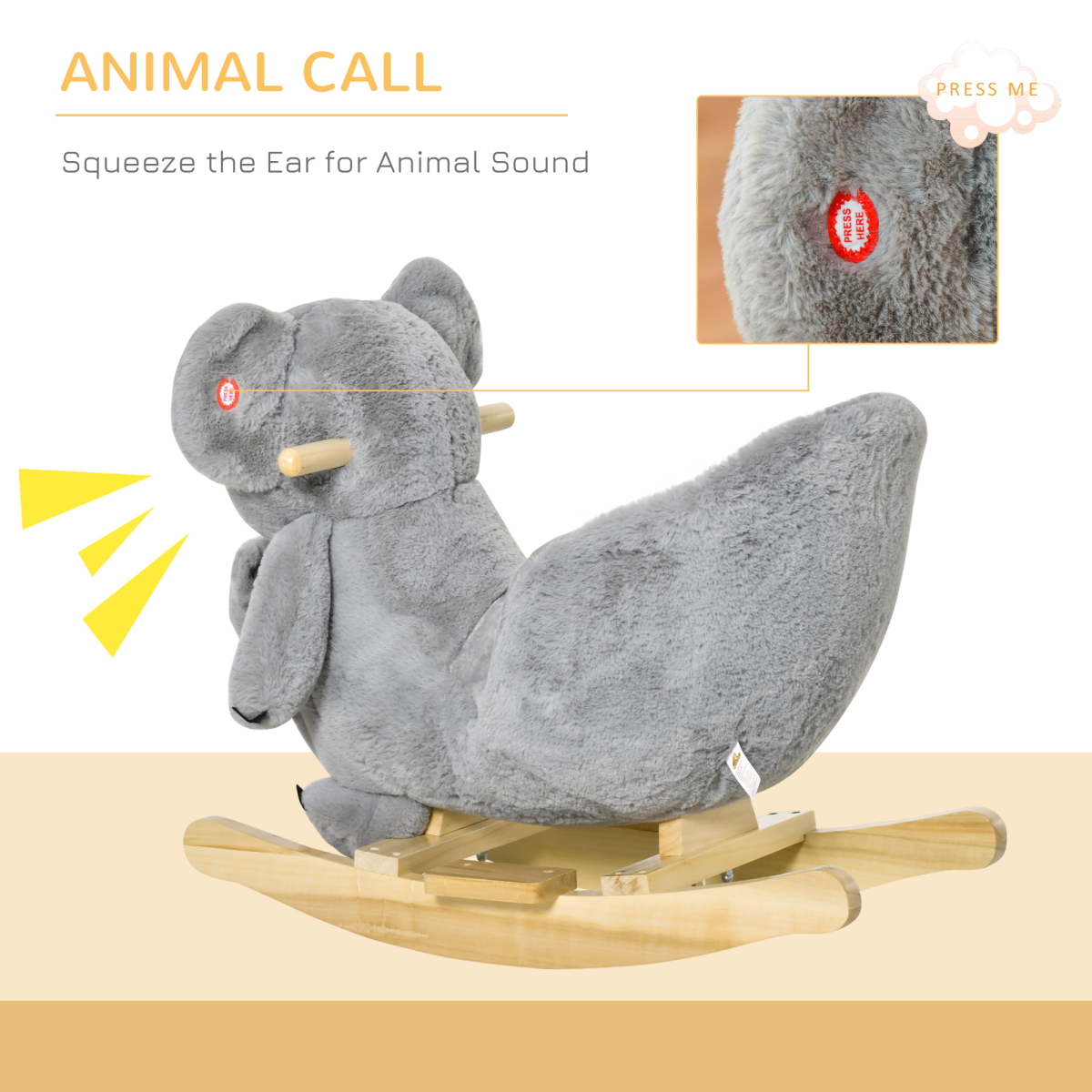 Kids Plush Ride-On Rocking Horse Koala-shaped Toy w/ Gloved Doll Grey - Image 5