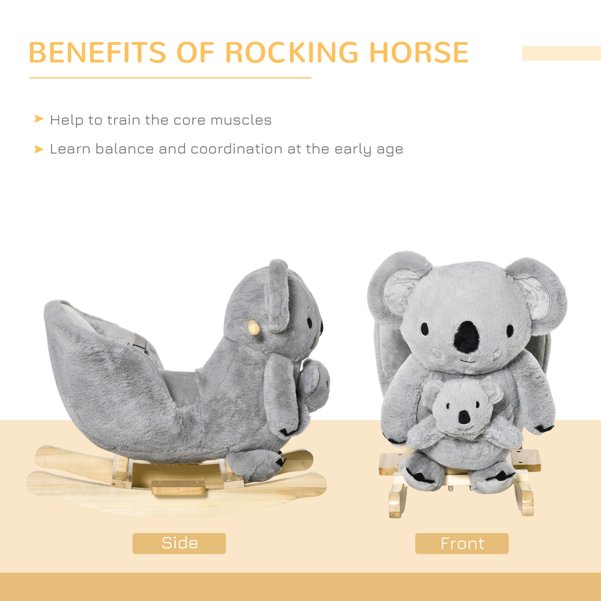 Kids Plush Ride-On Rocking Horse Koala-shaped Toy w/ Gloved Doll Grey - Image 6