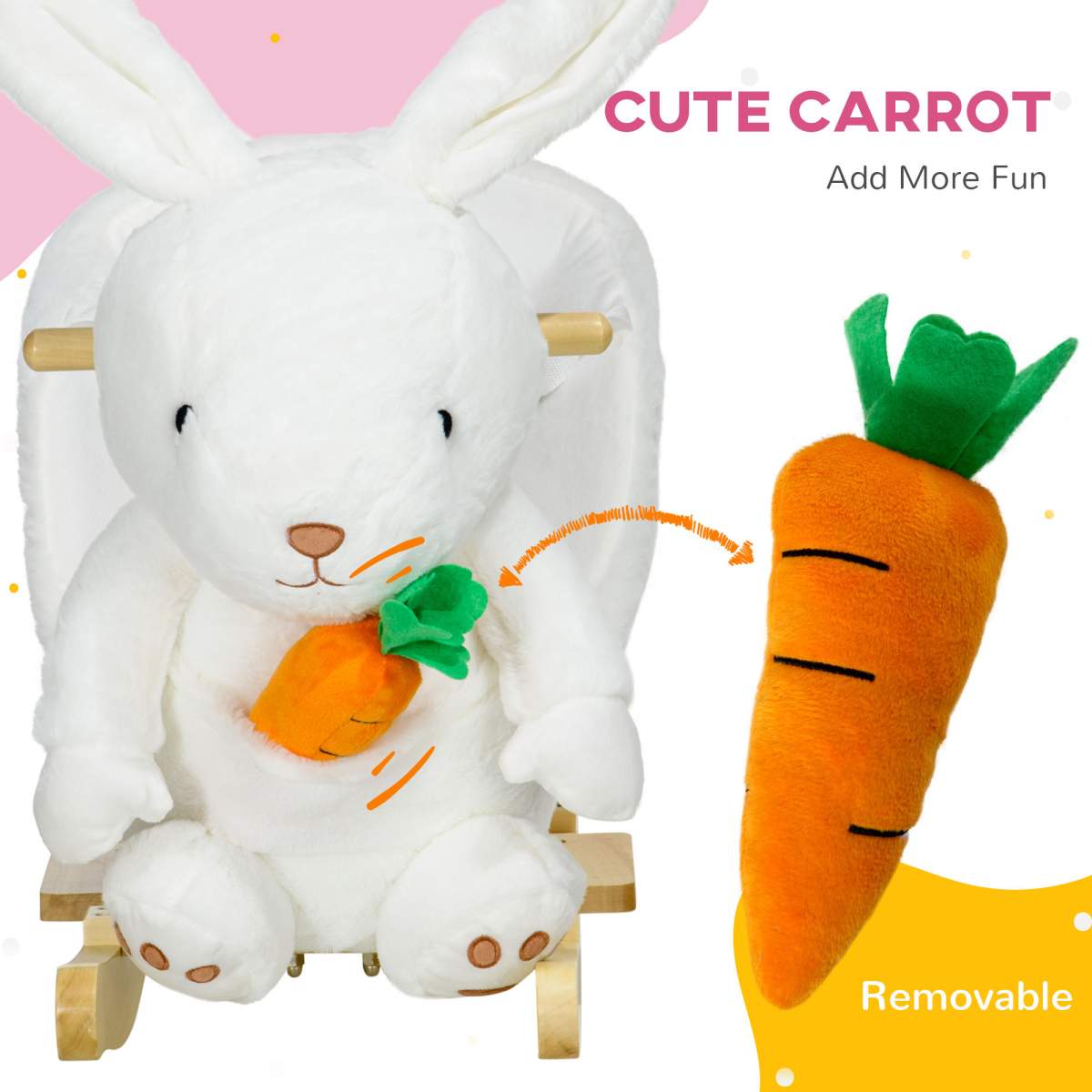 Kids Rabbit Rocking Horse w/ Sounds & Seatbelt, Plush, White, 40kg - Image 7