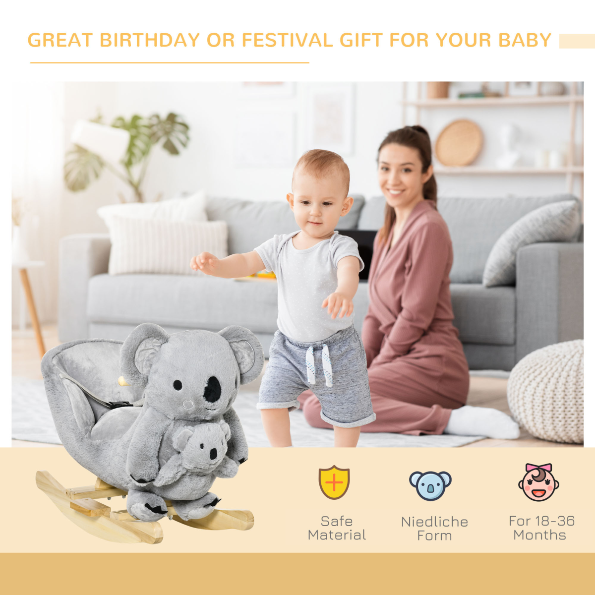 Kids Plush Ride-On Rocking Horse Koala-shaped Toy w/ Gloved Doll Grey - Image 8
